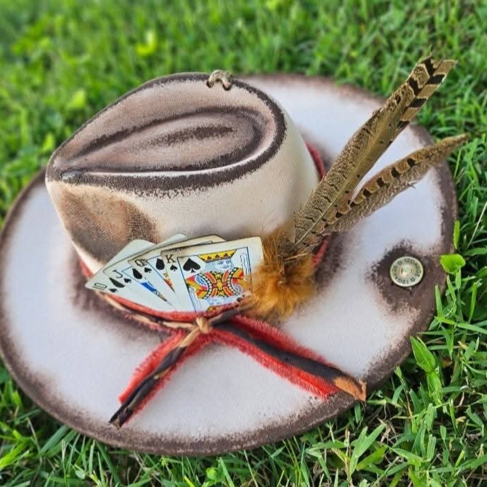 Brown Feathered Women's Hat with Playing Cards - Picture 2 of 5